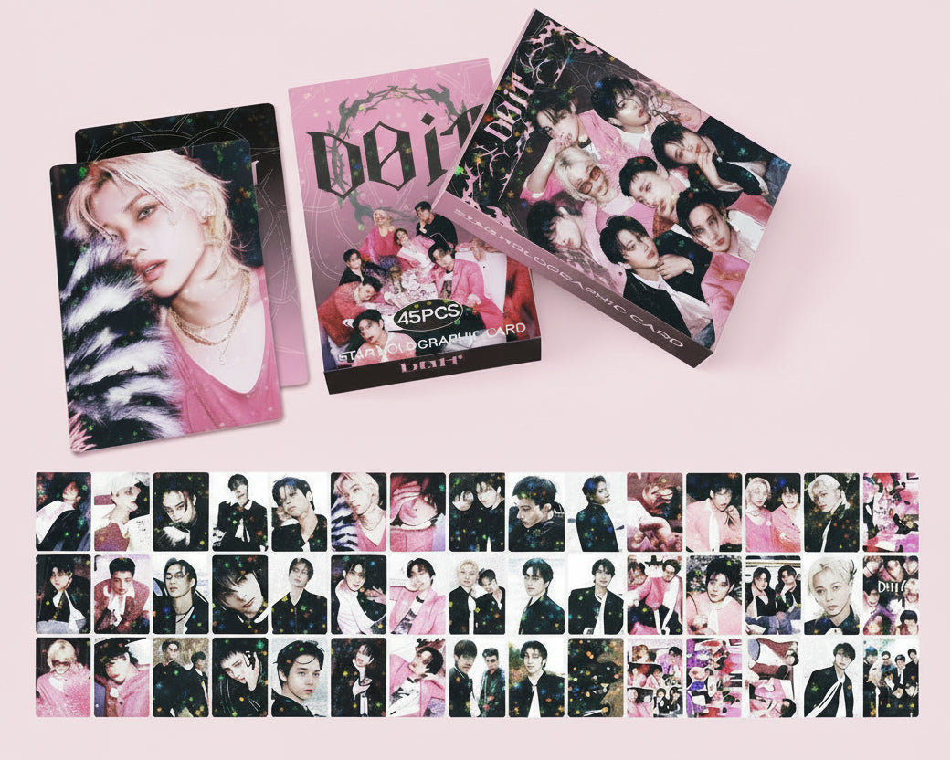 Coffret 45 photocards Stray Kids DOIT Era lomo cards holographiques version rose avec apercu des cartes