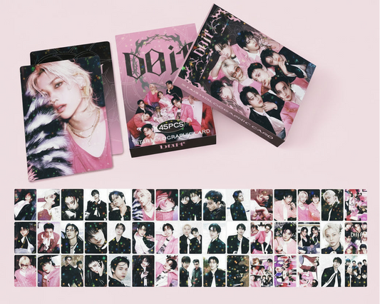 Coffret 45 photocards Stray Kids DOIT Era lomo cards holographiques version rose avec apercu des cartes