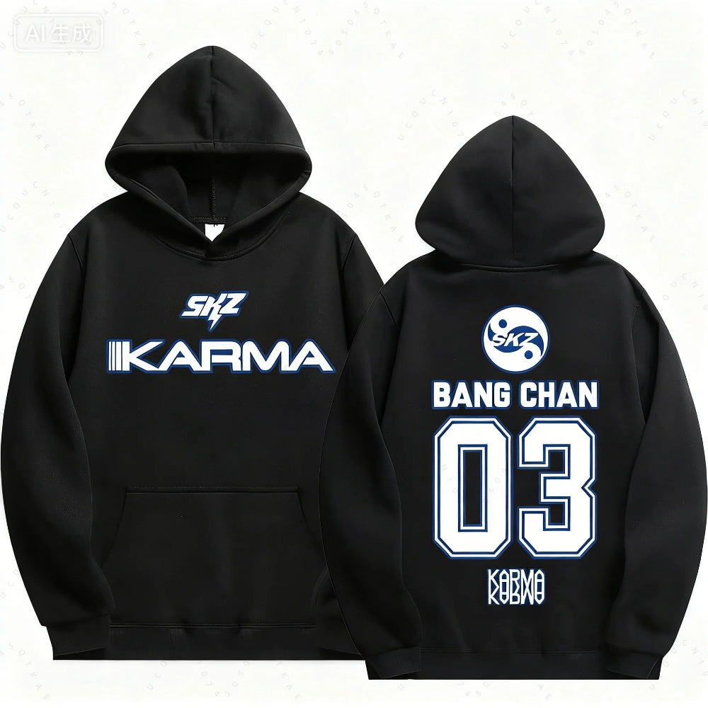 Bang Chan Stray Kids KARMA K-pop hoodie fan merch front and back