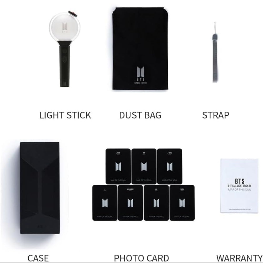 Contenu complet BTS Army Bomb Ver.4 édition collector avec photocards, sac, dragonne et lightstick
