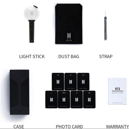 Contenu complet BTS Army Bomb Ver.4 édition collector avec photocards, sac, dragonne et lightstick
