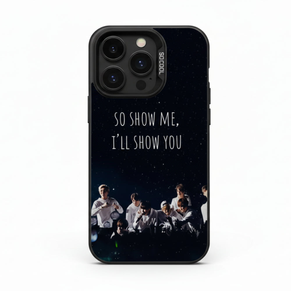 Coque telephone BTS kpop avec paroles so show me ill show you et photo du groupe design merch fan iphone cover