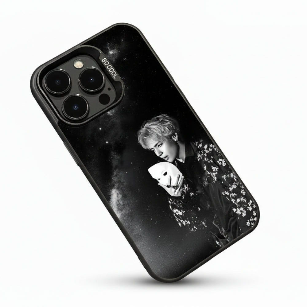 Coque telephone BTS V kpop avec portrait noir et blanc et masque design merch fan iphone cover