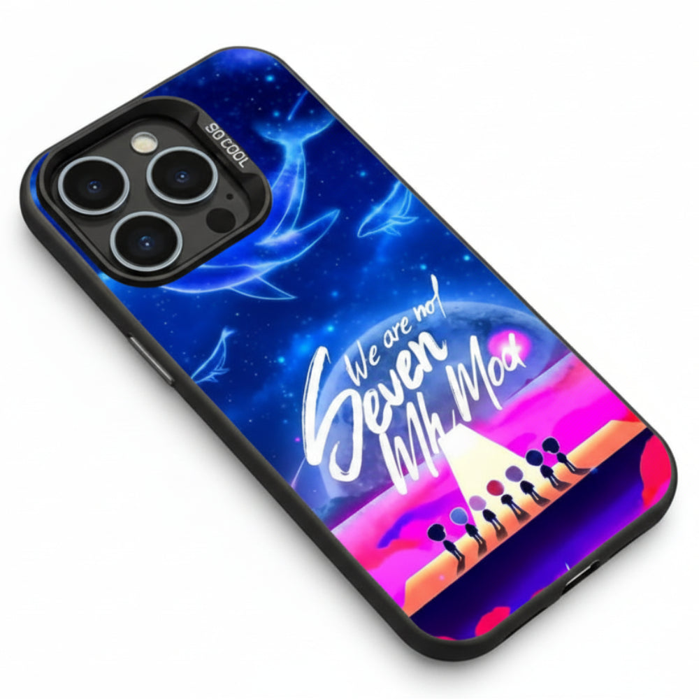 Coque telephone BTS kpop avec citation we are not seven illustration fanart design coloré iphone cover merch