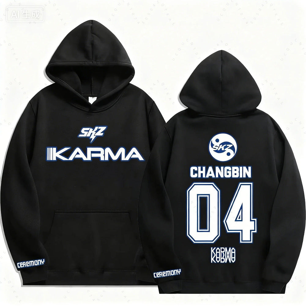 Changbin Stray Kids KARMA K-pop hoodie fan merch front and back
