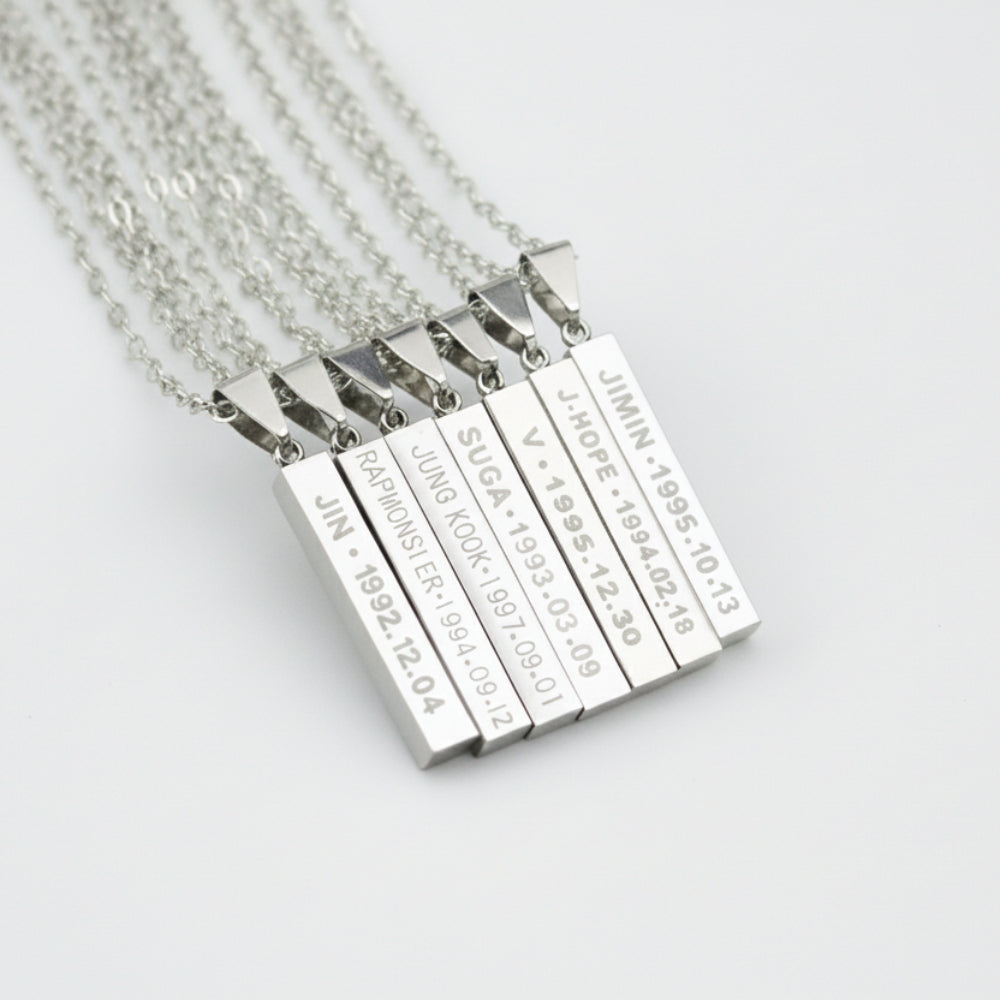 Colliers BTS gravés tous membres Jin Jimin V J-Hope Suga RM Jungkook barre acier inoxydable kpop merch fan