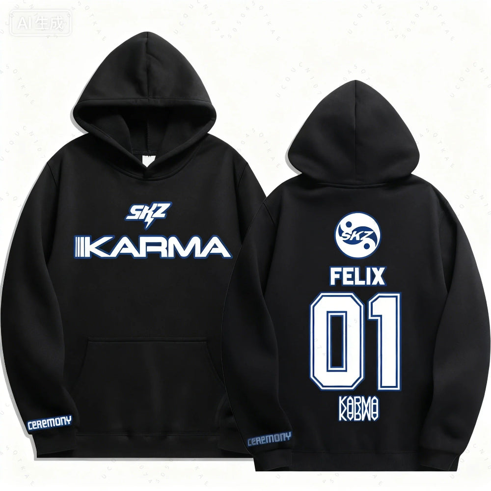 Felix Stray Kids KARMA K-pop hoodie fan merch front and back