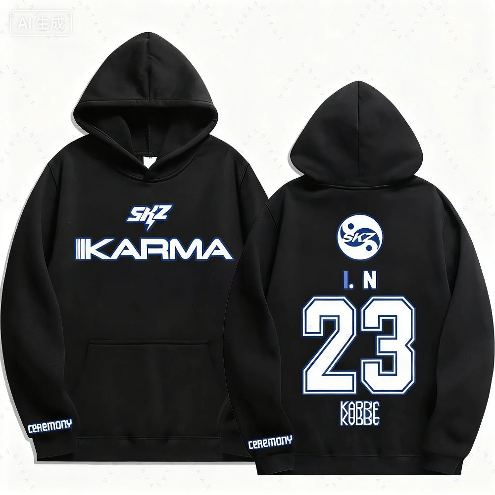 I.N Stray Kids KARMA K-pop hoodie fan merch front and back