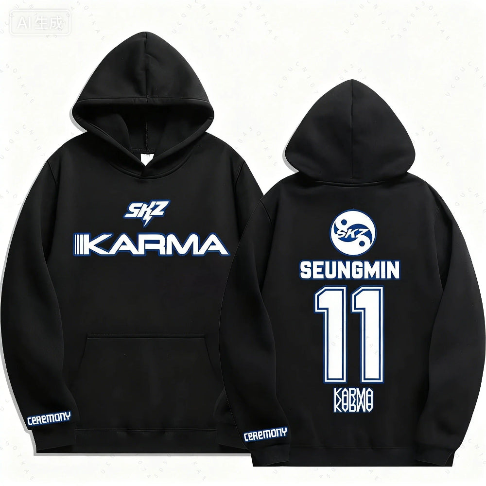 Seungmin Stray Kids KARMA K-pop hoodie fan merch front and back