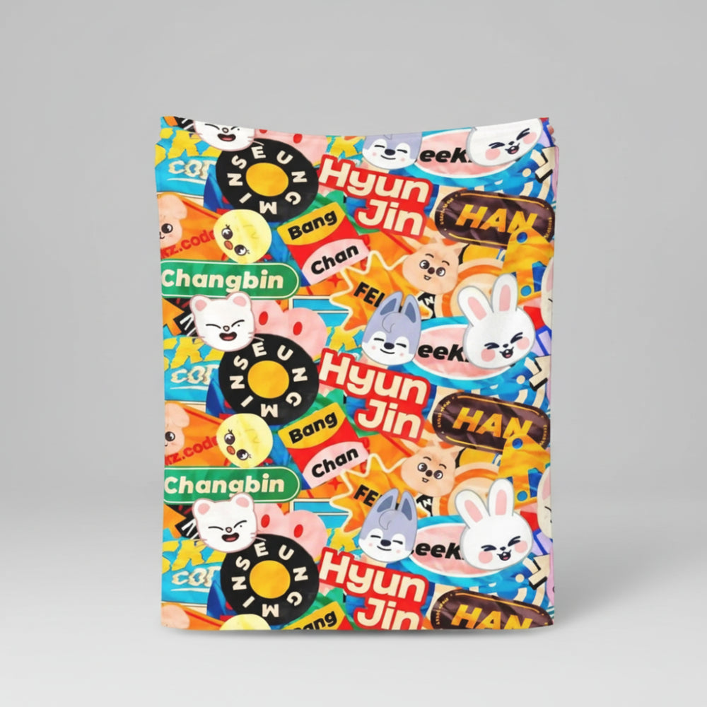 SKZOO Stray Kids K-pop blanket with members names and cartoon characters