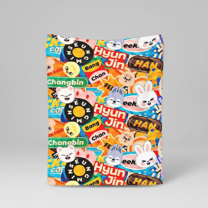 SKZOO Stray Kids K-pop blanket with members names and cartoon characters