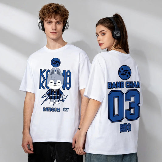 White Stray Kids Bang Chan K-pop T-shirt front and back design