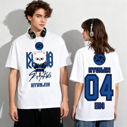 White Stray Kids Hyunjin K-pop T-shirt front and back design