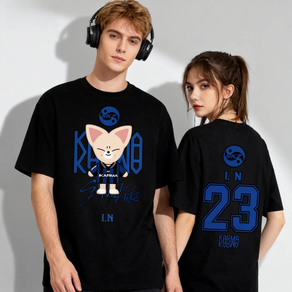 Black Stray Kids I.N K-pop T-shirt front and back design